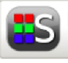 Synapptic logo is shown with two columns of identical colorful squares: red, green, then blue. Next to these is a large "S" written in white. The background is a medium grey rectangle with rounded corners.