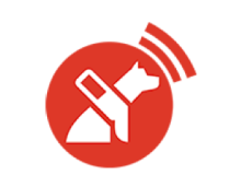 The logo of LazarilloApp is shown as a red circle with a white silhouette of a dog sitting and wearing a harness. From around the area of the circle where the dog's mouth is are two sound wave bars emanating. 