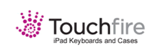 The company Logo that is shown has the outline of a purple hand formed with dots, followed by the name "Touchfire" on the first line and "iPad Keyboards and Cases" underneath that. 