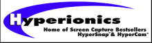 Hyperionics logo has a white block letter "H" in a royal blue crescent shape with the rest of the letters in Hyperionics written in black on a white background. Written under the name is "Home of screen capture BestSellers: HyperSnap and HyperCam.