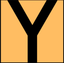 Shown is the Logo for Yoctoville: an orange square with a large black letter "y" that stretches the full height of the square.
