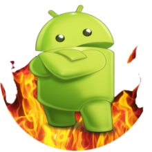 Logo featuring an illustration of a green droid with fire beneath it. 
