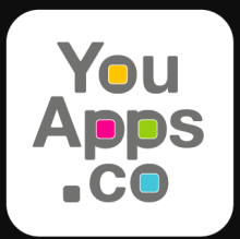 There are three lines of text shown on a white background square with rounded corners: "You", "Apps", and ".co". The circles formed in the letters "o, p,p, and o" are colored yellow, pink, green, and blue, respectively. The letters are written in grey.