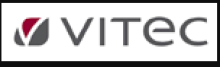 The Company name is written in thin gray capital letters on a white background: "V I T E C". The logo preceding the name is a white V with the first leg shortened and looking like a check mark. The crook of the v is colored red and under both legs is gray.