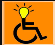 The company Logo has an orange square background with the universal symbol of a wheelchair user drawn in black. In place of the user's head is a classic yellow lightbulb with black lines radiating from it in all directions.