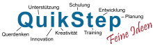 QuikStep logo featuring company name with various words in German with a word to represent each letter of the company name, such as 'i' for "innovation" and 't' "training."