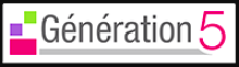 The company name "Generation" is written in black in a classic text font and underlined with a thick, gray line. This is followed by a large pink number 5. The icon preceding the name is made of a stack of 2 squares and a dark pink base rectangle; one square is light green and the other is purple.