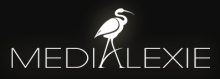 The company name is written in a simple capital font in white with a black background. The letter "A" in the middle of MediaLexie is heightened slightly and forms the legs of a white crane-type bird.