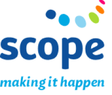 The organization's name "scope" is written with a thick lower case simple text blue font. Above it are dots of different colors drawn in 3D as to make them look like they are part of half a circle of dots. Below the name is written in blue lower case: Making it happen.