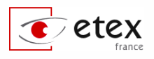 The company logo is shown as a drawn eye with a red square around it and a red pupil, followed by the lower case printed name in black "etex" france.