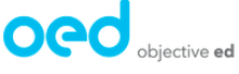 The company name Objective Ed is written in small dark gray noncapital text font at the right bottom of the icon "OED", which is also written in noncapital letters but in a large and blue font.