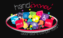 An icon is shown of a pile of colorful icons inside a 3d ring; icons like a wheelchair user, a computer monitor, no vision, and ear, etc. Above the ring is written " Handinnov'", hand in white and innov' in red. Below the ring "Expertise Laboratory" is written in French.