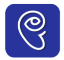 An icon is shown with a purple-blue background and an ear drawn in thick white. The spiral of the ear turns into an eye.