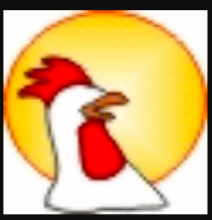 Oralux logo is shown which is the side view of  a white rooster drawn without an eye in front of a full sun with an open beak.