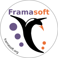 Logo featuring black marks resembling a bird with wings outstretched, and purple and orange circles on each side.