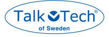 An oval is shown drawn in blue with a blue text font "Talk Tech" on the first line and written in a smaller font on the second line is "of Sweden". Between the words Talk and Tech is a solid circle broken by a white letter "v".