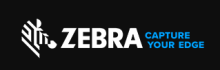 The company name ZEBRA is written in all capital white letters on a black background. The icon that precedes the name is a stylized Zebra head formed by a few thick slanted white lines that interact with the black background to realize its shape. The tag line follows the name and is written on two lines in blue: Capture your edge.