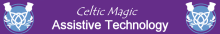 Celtic Magic Logo has a purple background with the name centered and written in script with Assistive Technology written below it. A celtic knot is on either side.