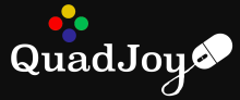 The company name Quad Joy is written in a text font without a space between the 2 words. The tail of the letter "y" becomes the tail wire and ends with a computer mouse. There are 4 circles of color above the word Quad in a diamond array: Yellow, green, blue, and red, circling to the right.