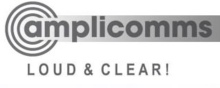 amplicomms logo: A gray target with a rectangle stretching out to the right; the name amplicomms is written inside the rectangle, Loud & Clear! is written below the company name