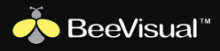 The company Logo is shown on a black rectangle with white printed letters:"Bee Visual". The words are preceded by a simply drawn gray bee with yellow wings.