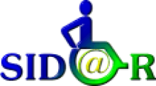 sidar logo is shown with the letters SID written in a blue capital text font. The a is the at sign within a green circle wheel of a wheelchair that has a blue silhouette of a person sitting on it. The letter R is in a green capital font.