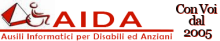 COOPERATIVA SOCIALE AIDA ONLUS Logo: A red and white pyramid with an icon of a person in a wheelchair beside it, the word AIDA written in red; below "IT and communication aids for the disabled" is written in Italian. To the upper right, in Italian, "With you since 2005 is written"