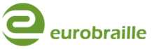 Eurobraille International logo is shown with the name in all lowercase green type font and a stylized white letter "e" in a green circle.