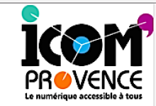 Icom is written in a thick black type font with the letter i dotted in green and the circle of the o colored blue. There is a purple curly apostrophe , like a speech bubble, on the top right corner of the M. Provence is written underneath with the o written as an orange dot.