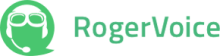 The RogerVoice logo, which is a green "speech bubble" shape with a white outline of a person wearing a headset and pilot's goggles.