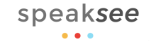 The words "speaksee" in grey sans-serif font. Below, three multi-colored dots underline them.