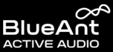A logo with a black background and white font, reading "BlueAnt, Active Audio." In the top-right corner, there is a white infinity sign graphic.