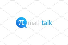 A blue "pi" symbol sign within a speech bubble graphic. Next to it, the words "mathtalk" in white and blue.