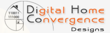 An off-white logo resembling a "Fibonacci's sequence" spiral design with an illustration of a house in the center. Next to it, the words, "Digital Home Convergence Designs" in black and orange font.