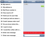 Screenshot of an iOS menu featuring various phrases, such as "My name is," and "How much is it?" Another screenshot shows a chat interface, similar to the default Messages interface in iOS.