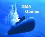 Illustration of an underwater submarine with jets of water coming out of the top and the words "GMA Games" to the right in white font.