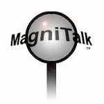 An illustration of black magnifying glass, with the words "MagniTalk" stretched over it.