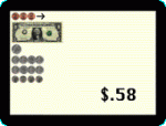 Screenshot of a series of U.S. currency bills and coins added together, with the total ($.58) displayed at the bottom of the screen in large, easy-to-see black font.