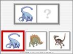 Screenshot of five squares arranged in 2 rows, each displaying an illustration of a different dinosaur. One dinosaur is currently selected (indicated with a red selection box), while the fifth square shows a question mark instead of a dinosaur.