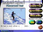 Screenshot of a digital calendar, with a menu featuring buttons that read "Repeat Word," "Repeat Sentence," and "Main Menu." On the left, there is a photo of a person skiing.