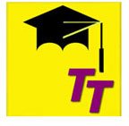 Large yellow square with black graduation cap on top and two offset purple capital letter Ts in the bottom right corner.