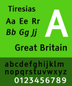 Green vertical horizontal image with examples of the Tiresias font letters and numbers.