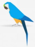 Drawing of a colorful blue parrot standing upright with a tail feather hanging down.
