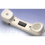 White telephone handset with a black switch in the middle.