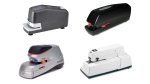 Four different models of electric staplers. They resemble standard staplers and range from black, to dark grey, to white in color.