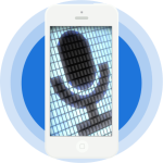 A white smartphone with an image of a black microphone inside a grid of small rectangles against a background of a blue circle with two lighter blue bands around it.