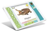 A titled 3D image of a flashcard on an iPad screen showing a picture of an alligator and the word for it underneath it.