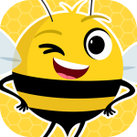 Large cartoon image of a round yellow bee-like character with a smiling and winking expression.