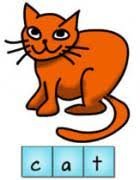 Drawing of a smiling orange cat and below it are block letters that spell out cat.