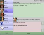 A light green and grey software interface with a lefthand menu pane featuring different contacts with names and photos. Beneath, a light pink text input box for typing messages.